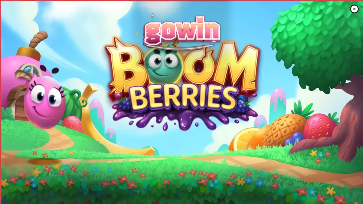 Tampilan visual slot Boomberries dengan tema desa dongeng dan buah-buahan.